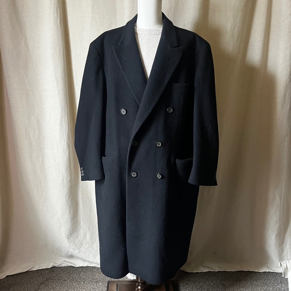 Vintage Czech Republic Black Wool Overcoat Mens XL Double Breasted Long Coat‎